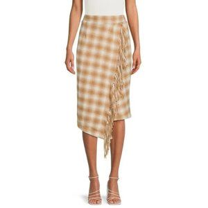 Time Tru Skirt Fringe Faux Wrap Plaid Brown White NWT